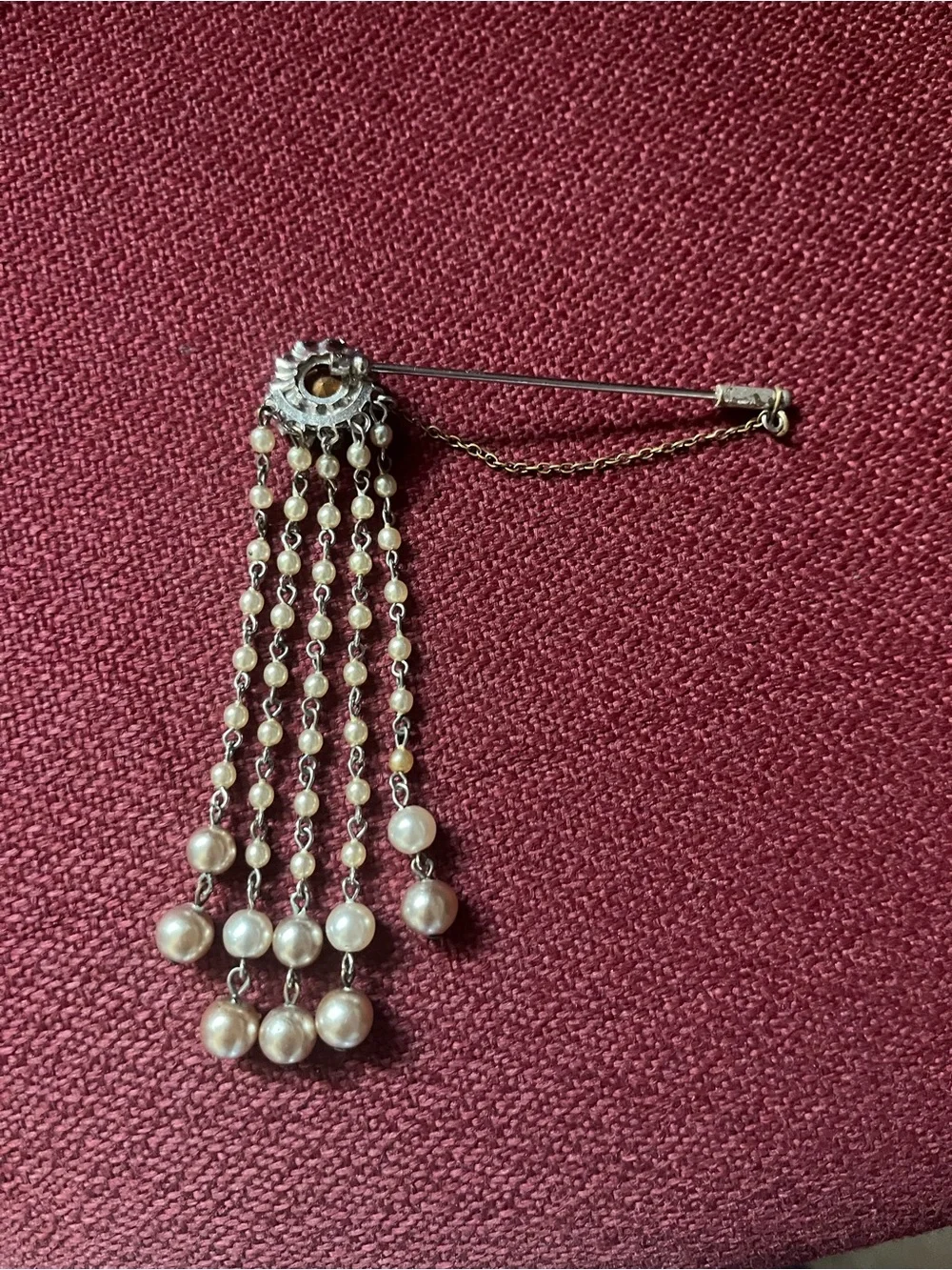 Vintage Italian Silver Tone Hanging Faux Pearls rhinestones Brooch Hat Pin